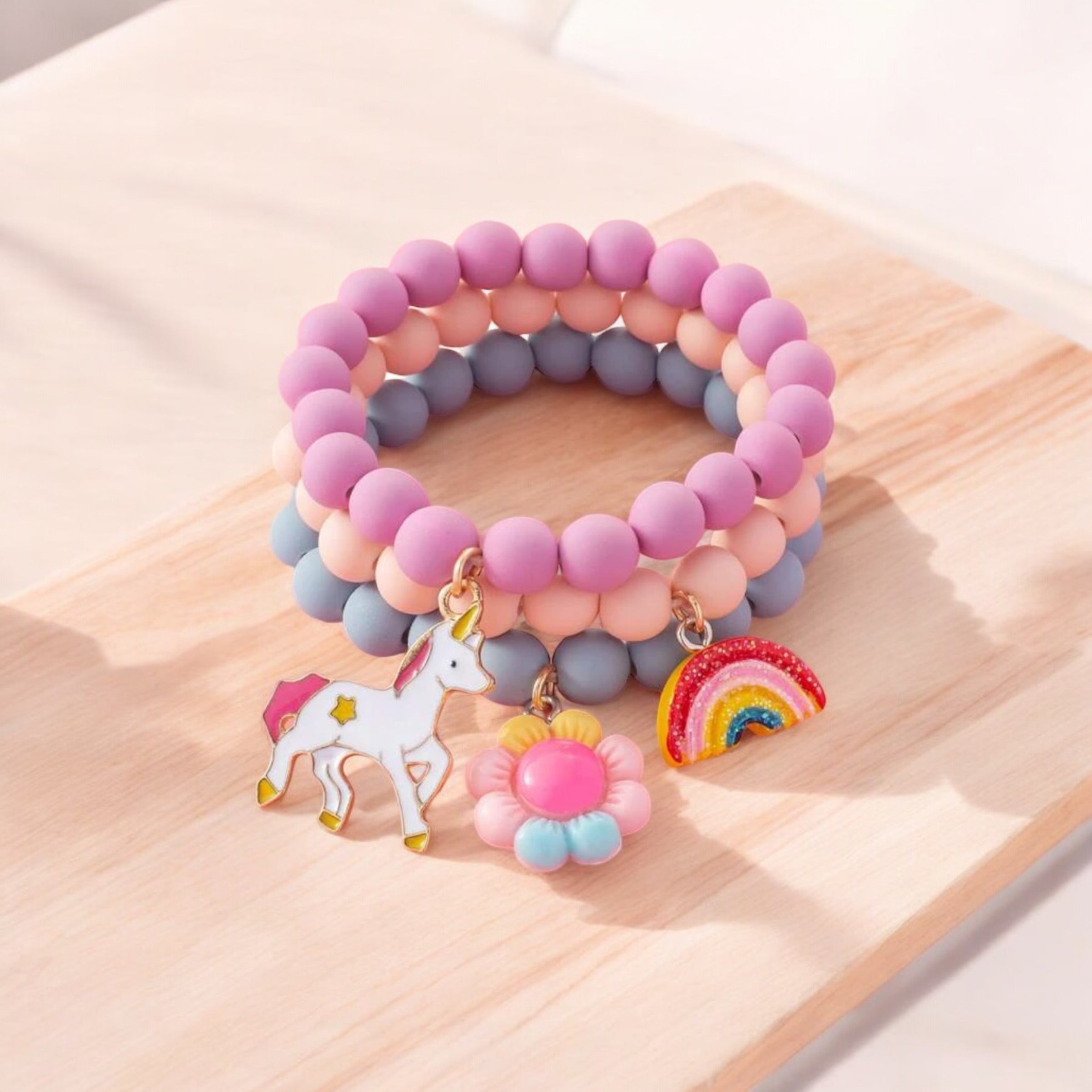Little Girl Floral Unicorn Charm Bracelets - 3 Piece