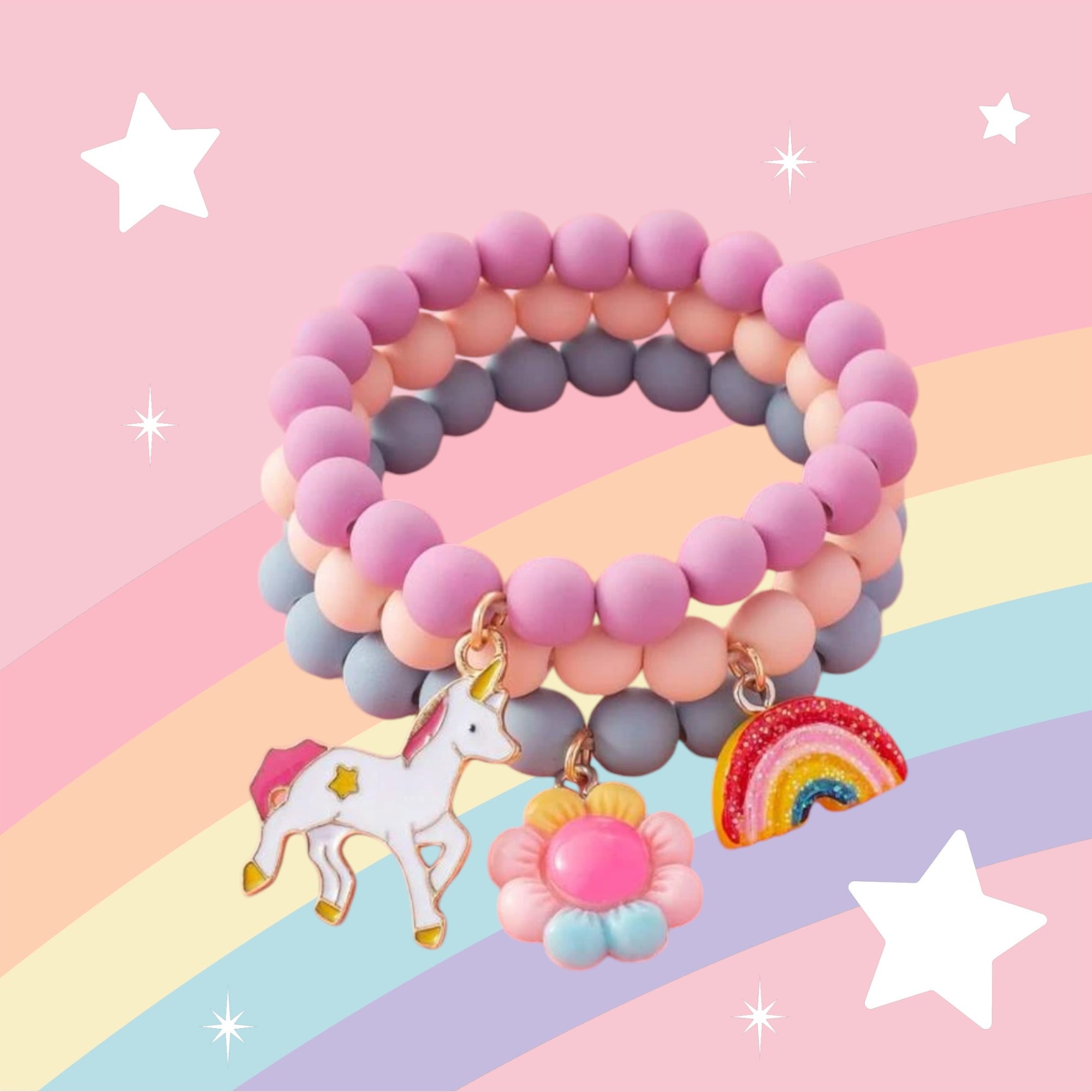 Little Girl Floral Unicorn Charm Bracelets - 3 Piece